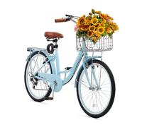 VEVOR Vélo croiseur, 7 vitesses, vélo de plage bleu clair de 609,6 mm, avec panier de grande capacité, porte-bagages arrière et siège réglable, sécurisé et robuste, pour cyclisme, exercice et shopping