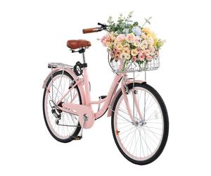 VEVOR Vélo croiseur, 7 vitesses, vélo de plage rose de 660,4 mm, avec panier de grande capacité, porte-bagages arrière et siège réglable, sécurisé et robuste, pour cyclisme, exercice et shopping
