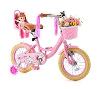 VEVOR Vélo Enfant 14 Pouces avec Roues Stabilisatrices Style Princesse Rose | Bicyclette pour Filles 3-5 Ans, Selle Réglable, Freins Avant et Arrière, Panier Avant, Siège Poupée, Cadre en Acier Carbone