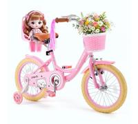 VEVOR Vélo Enfant 16 pouces, Bicyclette avec Roues Stabilisatrices, Style Princesse Rose, pour Filles 4-7 Ans, Selle Réglable, Freins Avant et Arrière, Panier Avant, Siège Poupée, Cadre Acier Carbone