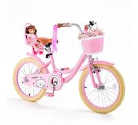 VEVOR Vélo Enfant 18 Pouces, Bicyclette Style Princesse avec Béquille, Rose | pour Filles de 5 à 8 Ans, Selle Réglable, Freins Avant et Arrière, Panier Avant, Siège pour Poupée, Cadre en Acier Carbone