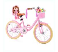 VEVOR Vélo Enfant 20 Pouces, Bicyclette Style Princesse avec Béquille, Rose | pour Filles de 7 à 13 Ans, Selle Réglable, Freins Avant et Arrière, Panier Avant, Siège pour Poupée, Cadre en Acier Carbone
