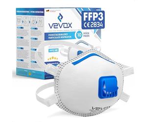 VEVOX® Masque FFP3 - Lot de 10 - Masques Travaux, Chantier et Bricolage anti Poussière avec Valve - Protection contre p. ex. Amiante, Peinture, Moisissure ou Produits Chimiques