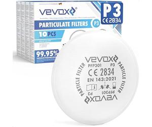 VEVOX® P3 Filtre à Particules en Set de 10 - Protection Contre Les Particules & aérosols - 99,5% d'efficacité de Filtration des Particules & aérosols (0,6μm) - 2 x conteneurs en Plastique Inclus