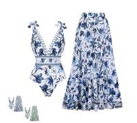 Vevri Swimsuit Matching Skirt, V-Neck Women One Piece Swimsuit Beach Cover up Floral Print Bikini Set Two Piece Bathing Suits (Blue, XL)