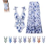 Vevri Swimsuit with Skirt V-Neck One-Piece Set, V-Neck High Waist Bikini Print Sexy Set (#1,Moyen)