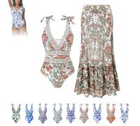 Vevri Swimsuit with Skirt V-Neck One-Piece Set, V-Neck High Waist Bikini Print Sexy Set (#2,S)