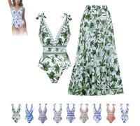 Vevri Swimsuit with Skirt V-Neck One-Piece Set, V-Neck High Waist Bikini Print Sexy Set (#3,TG)
