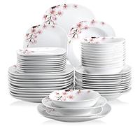VEWEET ANNIE 48pcs Service de Table Pocelaine 12pcs Assiettes Plates 24,6cm, Assiette Creuse 21,5cm, Assiette à Dessert 19cm, Bols à Céréales 17cm Vaisselles Sakura pour 12 Personnes