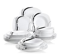 VEWEET FIONA 24pcs Service de Table Pocelaine 6pcs Assiettes Plates 24,6cm, 6pcs Assiette Creuse 21,5cm, 6pcs Assiette à Dessert 19cm, 6pcs Bols à Céréales 17cm Vaisselles pour 6 Personnes