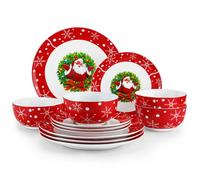 VEWEET Vaisselle de Noël, 12 pièces du Père Noël en Porcelaine Ensembles, avec Assiette à Dîner, à Dessert et Bols - pour 4