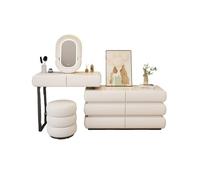 VEXDOSLE Coiffeuse Chambre à Coucher Commode en Ardoise Blanc crème avec 6 tiroirs Tabouret de Maquillage Miroir Grand Espace Rangement Table de Maquillage