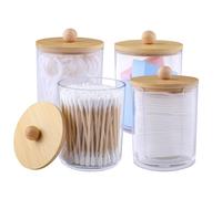 Vexillic Rangement Coton Tige, 4 Pièces Distributeur de Cotons Boite Tige en Acrylique Porte Coton Tige avec Couvercle en Bambou Boite pour Fil Dentaire, Houppettes, Petits Objets