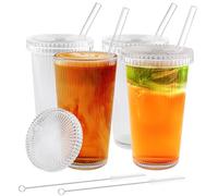 Vexillic Verre avec Couvercle et Paille, 4 Pièces 375ML Gobelet Verre a Eau Classique avec Brosse pour Soda Jus Lait Cocktail
