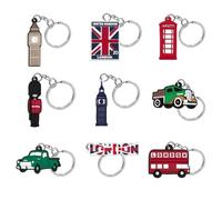 Vexilon Lot de 9 porte-clés Londres avec icônes de la Grande-Bretagne et Union Jack en PVC durable, monuments célèbres de Londres, cadeaux pour amis et famille