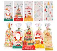 Vexyra 100 Sachet Biscuit Noel, Sachets Plastique Transparent Noel, Sachet Cellophane Transparent, Sachet Alimentaire pour Emballer Chocolat Bonbon Gateau Crackers avec Attache, Sacs Cadeaux