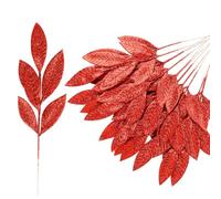 VEYLIN Lot de 12 pics de Noël artificiels en forme de feuille de laurier pailletée pour sapin de Noël, couronne, bouquet de mariage (rouge)