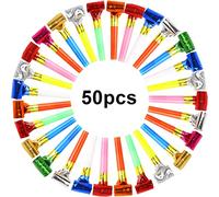 VEYLIN Party Blowouts Lot de 50 souffleurs de fête aux couleurs assorties avec embouts en plastique, bruyants en papier pour enfants, fêtes d'anniversaire et de Nouvel An