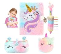 VFANDV Journal Intime Fille avec Cadenas, Ensemble de Cahier de Licorne en Peluche et Un Stylo Multicolore, Agenda Secret pour Fille avec Cadenas, Cadeau de Noël Licorne Fille 3-9 Ans (Poudre)