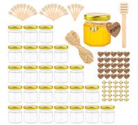 VFANDV Mini Pots à Miel en Verre, 25 Pots à Miel en Verre Hexagonaux avec Couvercle, 45ml Pot Miel avec Cuillère en Bois, Pendentif Abeille, Carte de Remerciement