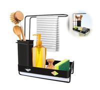 VFANDV Porte Eponge Evier Cuisine, Organisateur Evier Cuisine avec Bac de Égouttage, Rangement et Organisation de Cuisine, Support Eponge Evier Cuisine Mural avec Porte-Serviettes (Noir)
