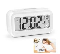 VFANDV Réveil Digital LCD à Piles Grand Ecran - Température, Date, Snooze, Lumineux - Horloge Numérique Portable pour Chambre, Bureau, Voyage - Blanc