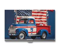 VFKLT 4th of July Porte-cartes de visite en métal fin et portable en forme de camion patriotique pour cartes de visite, cartes de crédit, pour homme et femme, Argenté, One size, Décontracté