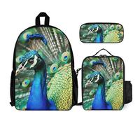 VFKLT Beau sac à dos paon avec boîte à déjeuner et trousse à crayons, ensemble de 3 pièces, sac de voyage, sac à dos décontracté pour ordinateur portable, blanc, taille unique, sacs à dos de voyage,