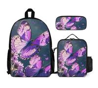 VFKLT Charmant sac à dos papillon violet avec boîte à déjeuner et trousse à crayons, ensemble de 3 pièces, sac de voyage, sac à dos décontracté pour ordinateur portable, blanc, taille unique, sacs à