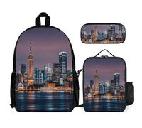 VFKLT City Picture Night Sac à dos avec boîte à déjeuner et trousse à crayons Ensemble de 3 pièces Sac de voyage décontracté Sac à dos pour ordinateur portable Blanc Taille unique, blanc, Taille