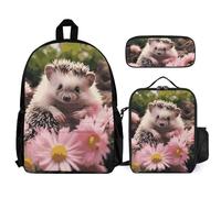 VFKLT Ensemble de 3 pièces avec sac à dos mignon hérisson dans des fleurs avec boîte à déjeuner, trousse à crayons, sac de voyage, sac à dos décontracté pour ordinateur portable, blanc, taille unique,