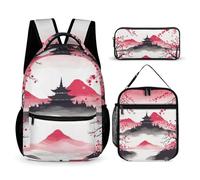 VFKLT Ensemble de 3 sacs à dos Mount Fuji avec sac de voyage Cherry - Sac à dos de sport décontracté - Sac à dos de sport avec boîte à déjeuner et trousse à crayons, Mount Fuji avec cerise, taille