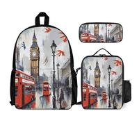 VFKLT London Sac à dos avec boîte à déjeuner et trousse à crayons - Ensemble de 3 pièces - Sac de voyage décontracté pour ordinateur portable - Blanc - Taille unique, blanc, Taille unique, Sacs à dos
