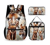VFKLT Lot de 3 sacs à dos aquarelle cerf girafe sac de voyage portable décontracté sac à dos de sport sac à dos de sport avec boîte à déjeuner trousse à crayons aquarelle cerf girafe, taille unique,