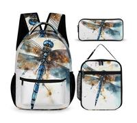 VFKLT Lot de 3 sacs à dos aquarelle libellule sac de voyage portable décontracté sac à dos de sport avec boîte à déjeuner et trousse à crayons, motif libellule aquarelle, taille unique, sacs à dos à