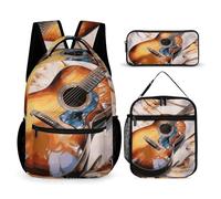 VFKLT Lot de 3 sacs à dos aquarelle pour guitare acoustique, sac de voyage, sac à dos de sport avec boîte à déjeuner, trousse à crayons, guitare acoustique aquarelle, taille unique, sacs à dos,