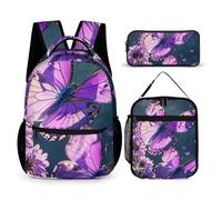 VFKLT Lot de 3 sacs à dos avec joli motif papillons violets, sac de voyage, sac à dos de sport avec boîte à déjeuner, trousse à crayons, jolis papillons violets, taille unique, sac à dos, Jolis