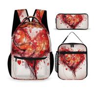VFKLT Lot de 3 sacs à dos avec motif cœur abstrait - Sac de voyage portable décontracté - Sac à dos de sport avec boîte à déjeuner et trousse à crayons - Cœur abstrait - Taille unique, Cœur abstrait.,