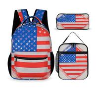 VFKLT Lot de 3 sacs à dos avec motif drapeau américain, étoiles, rayures, sac de voyage, sac à dos de sport avec boîte à déjeuner, trousse à crayons, motif drapeau américain, rayures et étoiles,
