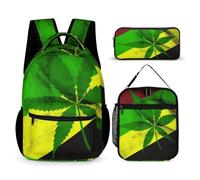 VFKLT Lot de 3 sacs à dos avec motif drapeau de la Jamaïque et feuilles, sac de voyage, sac à dos de sport avec boîte à déjeuner, trousse à crayons, feuilles de drapeau jamaïcain, taille unique, sacs