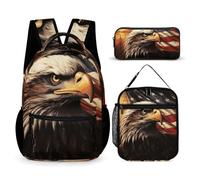 VFKLT Lot de 3 sacs à dos avec motif drapeau et aigle, sac de voyage, sac à dos de sport avec boîte à déjeuner, trousse à crayons, drapeau et aigle, taille unique, Drapeau et aigle, Taille unique,