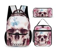 VFKLT Lot de 3 sacs à dos avec motif tête de mort humaine et fleurs roses, sac à dos de sport décontracté avec boîte à déjeuner, trousse à crayons, crâne humain, fleurs roses, taille unique, sacs à