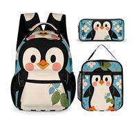 VFKLT Lot de 3 sacs à dos avec sac à dos mignon imprimé pingouin - Sac de voyage portable décontracté - Sac à dos de sport avec boîte à déjeuner et trousse à crayons - Imprimé pingouin mignon - Taille
