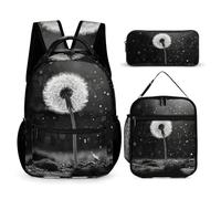 VFKLT Lot de 3 sacs à dos avec sac à dos motif pissenlit noir et blanc, sac à dos de sport décontracté avec boîte à déjeuner, trousse à crayons, pissenlit noir et blanc, taille unique, sacs à dos à