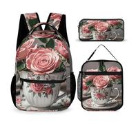 VFKLT Lot de 3 sacs à dos avec tasses à thé et roses - Style shabby romantique - Sac de voyage décontracté - Sac à dos de sport avec boîte à déjeuner - Tasses à thé avec roses - Style shabby