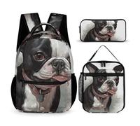 VFKLT Lot de 3 sacs à dos Boston Terrier - Sac de voyage portable et décontracté - Sac à dos de sport avec boîte à déjeuner et trousse à crayons - Boston Terrier - Taille unique, Boston Terrier,