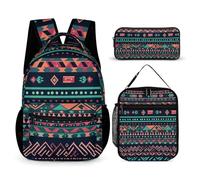 VFKLT Lot de 3 sacs à dos colorés à motif aztèque - Sac de voyage portable décontracté - Sac à dos de sport avec boîte à déjeuner et trousse à crayons - Motif aztèque coloré - Taille unique, Motif