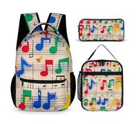VFKLT Lot de 3 sacs à dos colorés avec notes de musique - Sac de voyage portable et décontracté - Sac à dos de sport avec boîte à déjeuner et trousse à crayons - Notes de musique colorées, taille