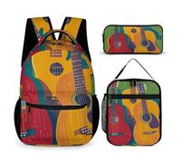 VFKLT Lot de 3 sacs à dos colorés pour guitares acoustiques et guitares - Sac de voyage portable décontracté avec boîte à déjeuner et trousse à crayons - Couleur acoustique et guitares - Taille