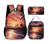 VFKLT Lot de 3 sacs à dos colorés tropicaux - Sac de voyage portable et décontracté - Sac à dos de sport avec boîte à déjeuner et trousse à crayons - Coucher de soleil tropical coloré - Taille unique,